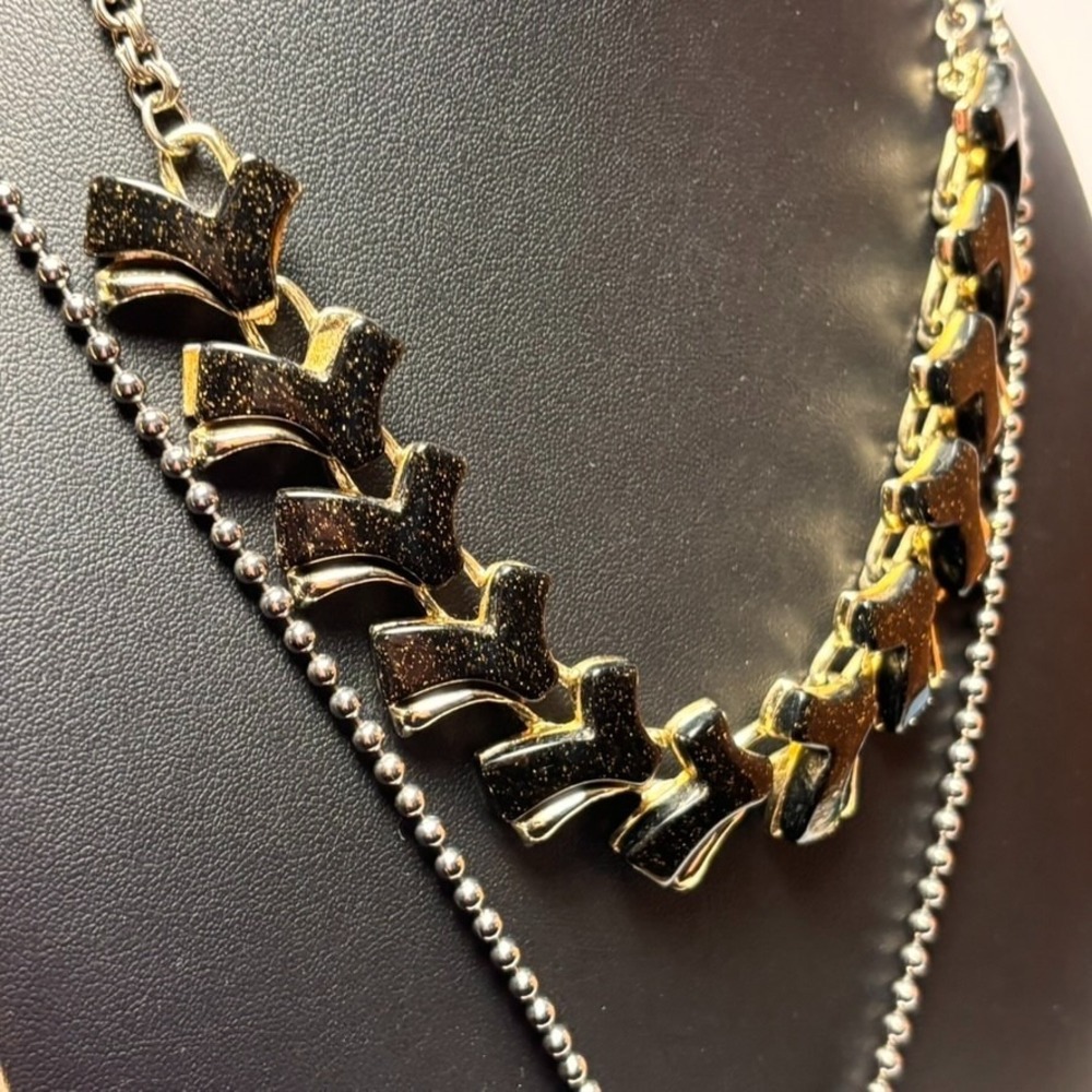 Necklace Set Vintage Silver Gold Heart Pendant Black Glitter Lucite Links - Picture 6 of 11